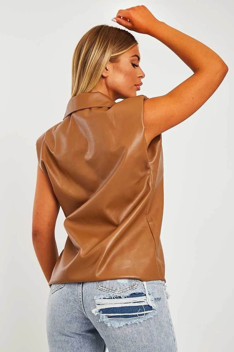 Camel Faux Leather Shoulder Pad Shirt - Eila