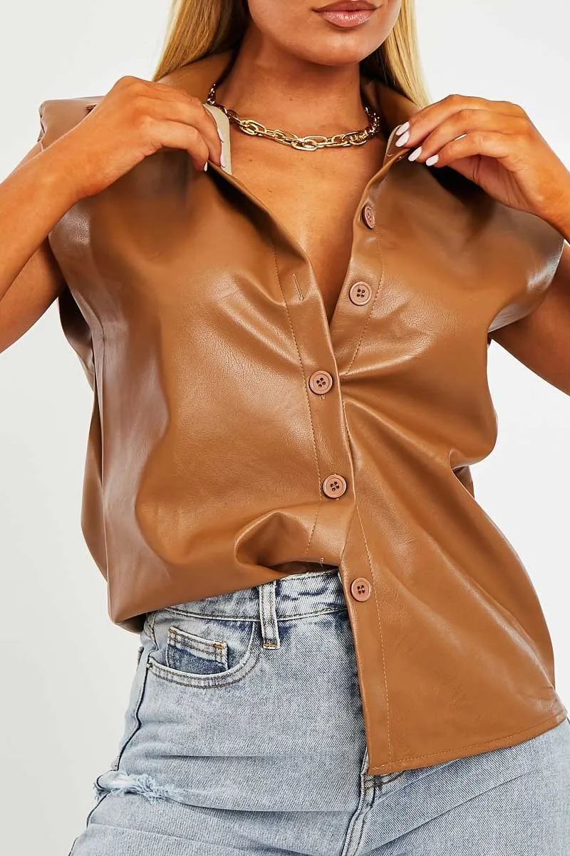 Camel Faux Leather Shoulder Pad Shirt - Eila