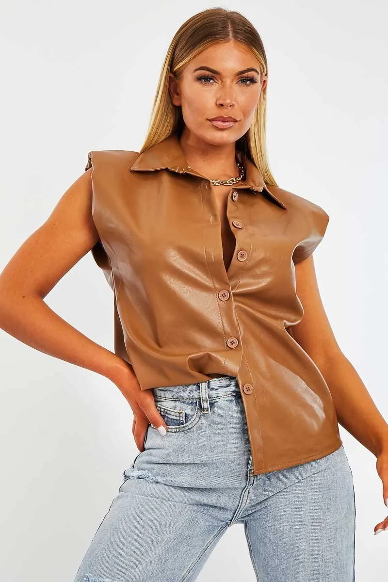 Camel Faux Leather Shoulder Pad Shirt - Eila