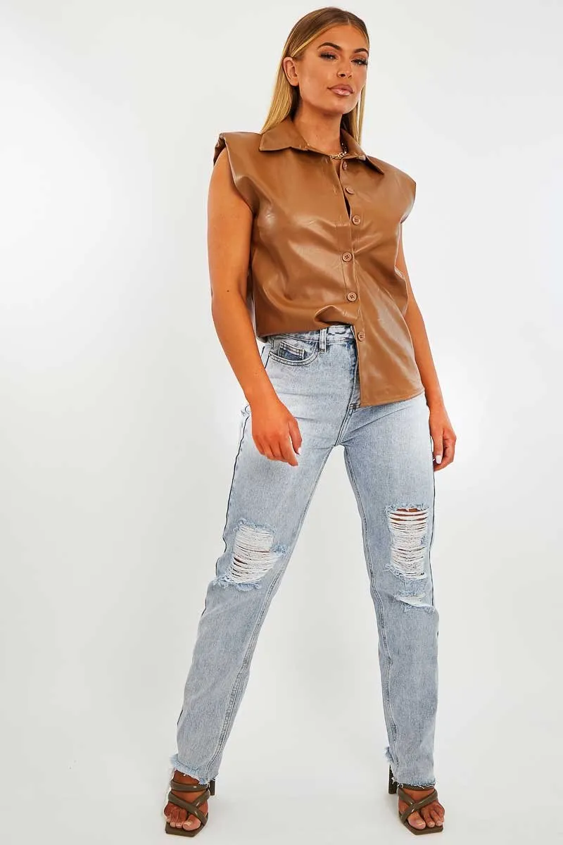 Camel Faux Leather Shoulder Pad Shirt - Eila