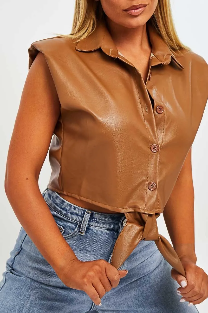 Camel Faux Leather Tie Shoulder Pad Shirt - Cristina