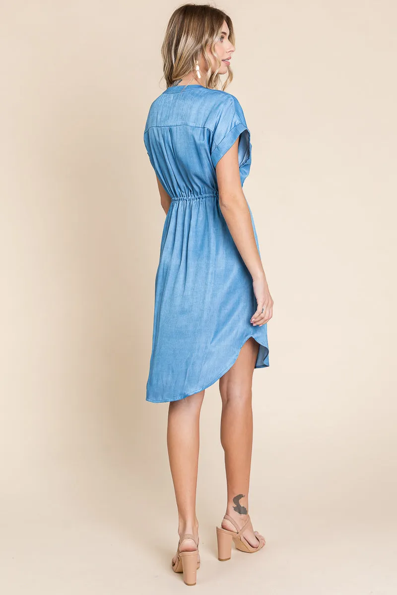 Chambray Drawstring Button Down Denim Shirt Dress