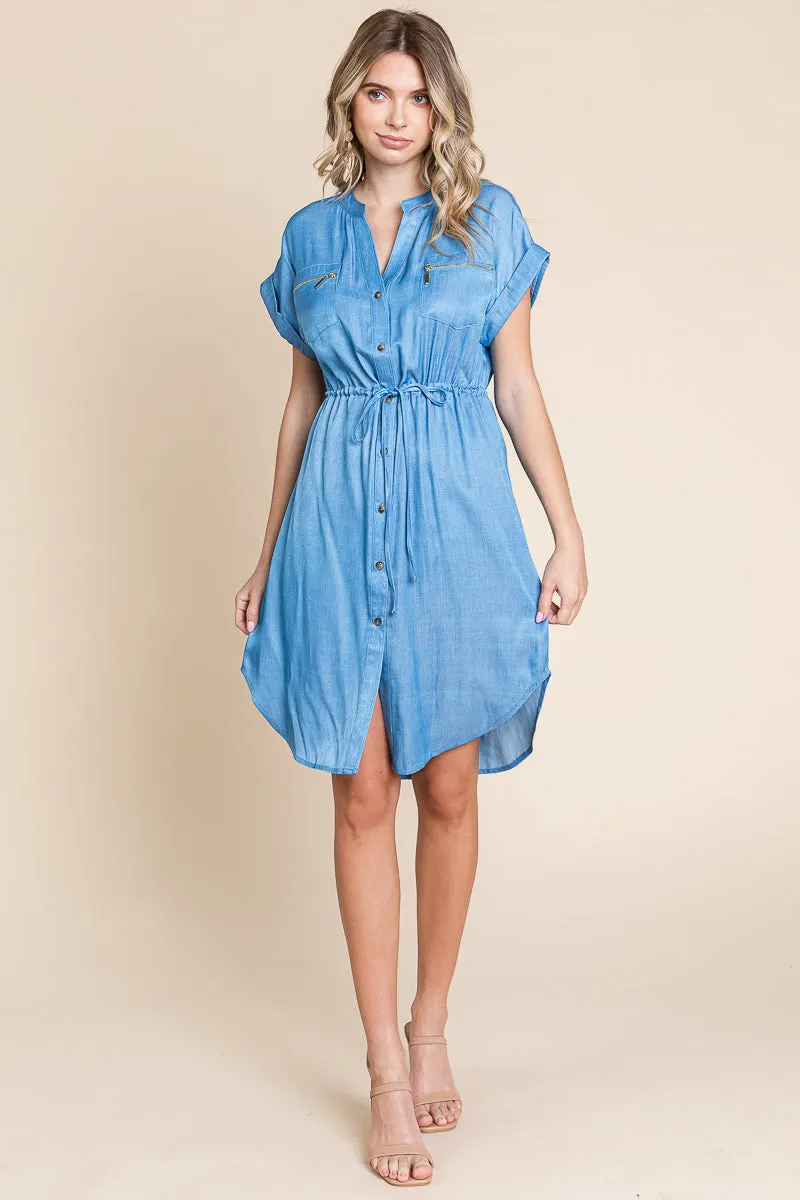 Chambray Drawstring Button Down Denim Shirt Dress