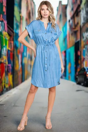 Chambray Drawstring Button Down Denim Shirt Dress