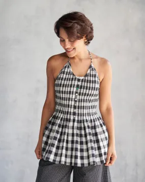 Checkered Pintuck Top - Black & Ivory