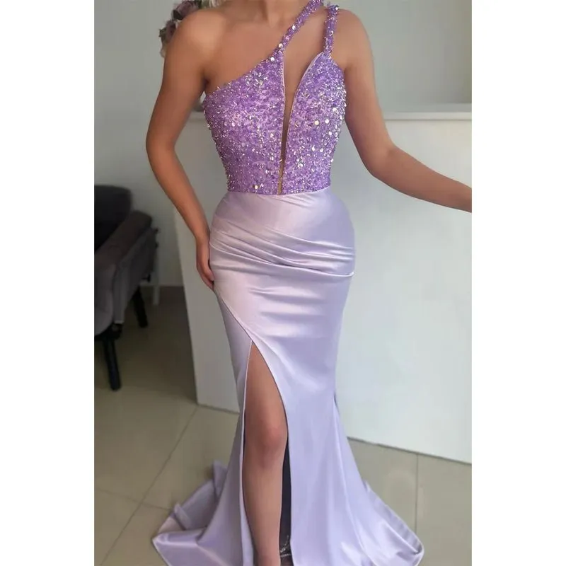 Chic One Shoulder Sexy High Split Mermaid Formal Evening Gowns