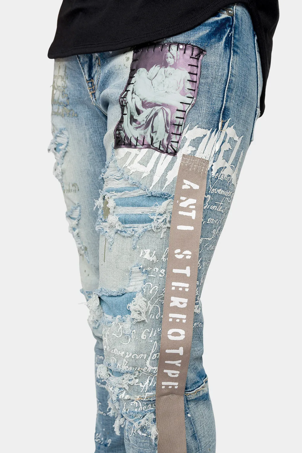 Collage Patch Faded Denim Jeans