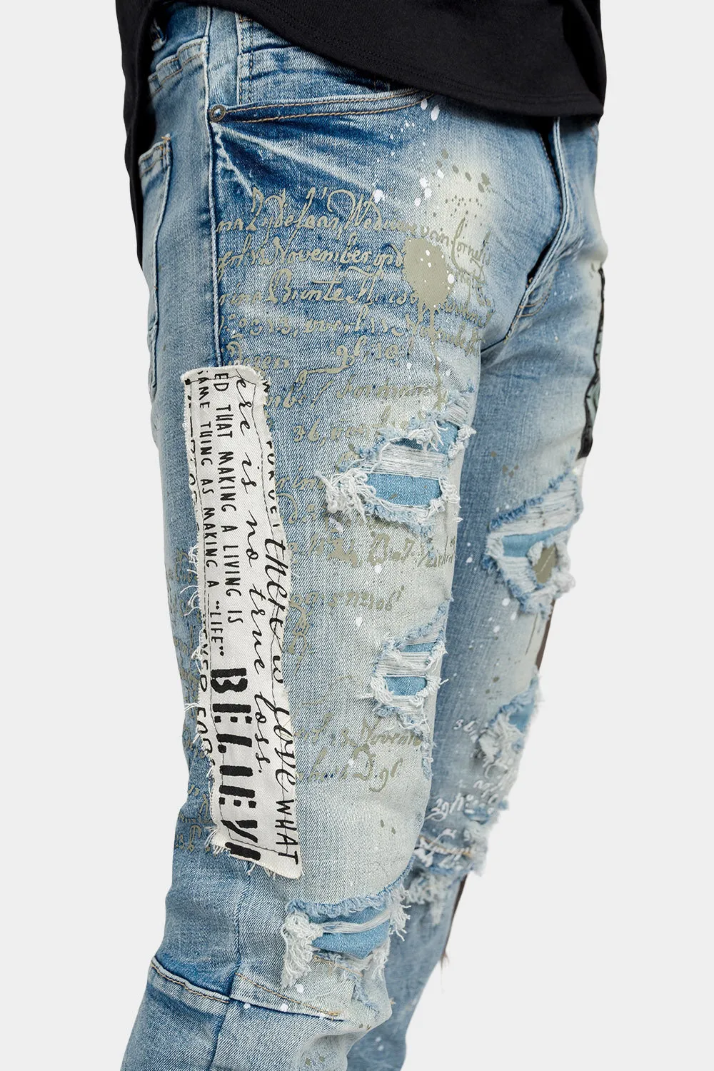 Collage Patch Faded Denim Jeans