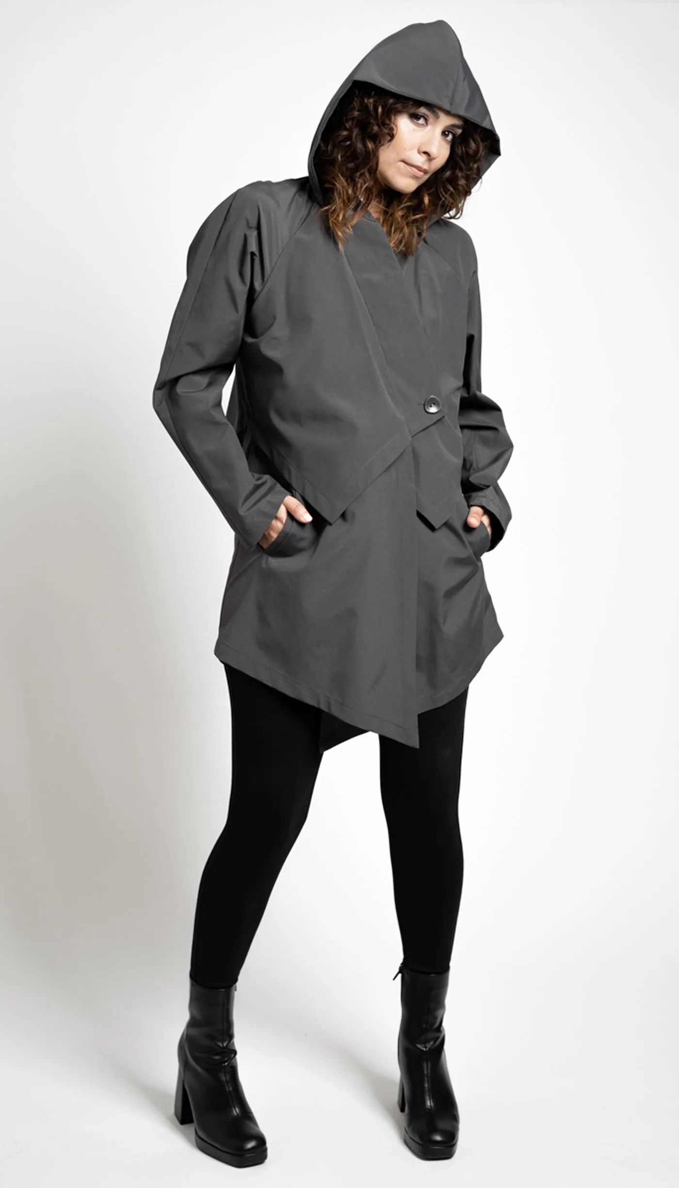 Convertible Hood Asymmetrical Rain Jacket w/ lining