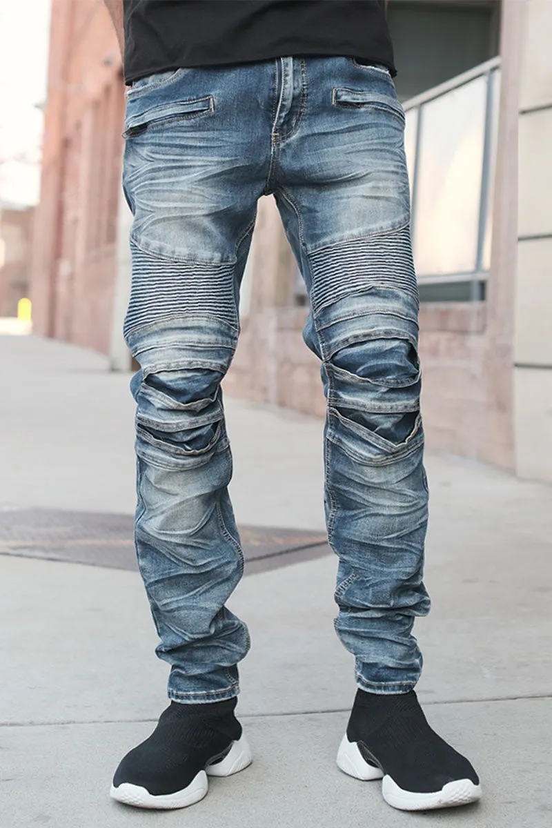 Creased Biker Denim Jeans