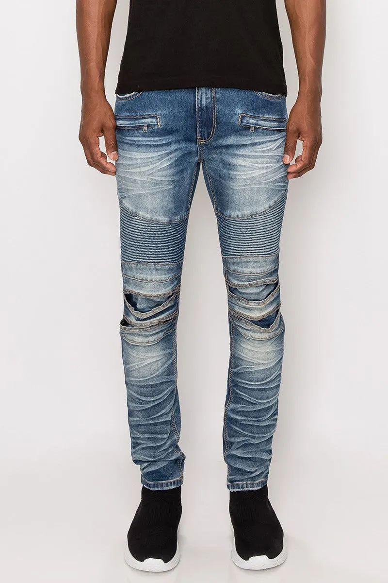 Creased Biker Denim Jeans