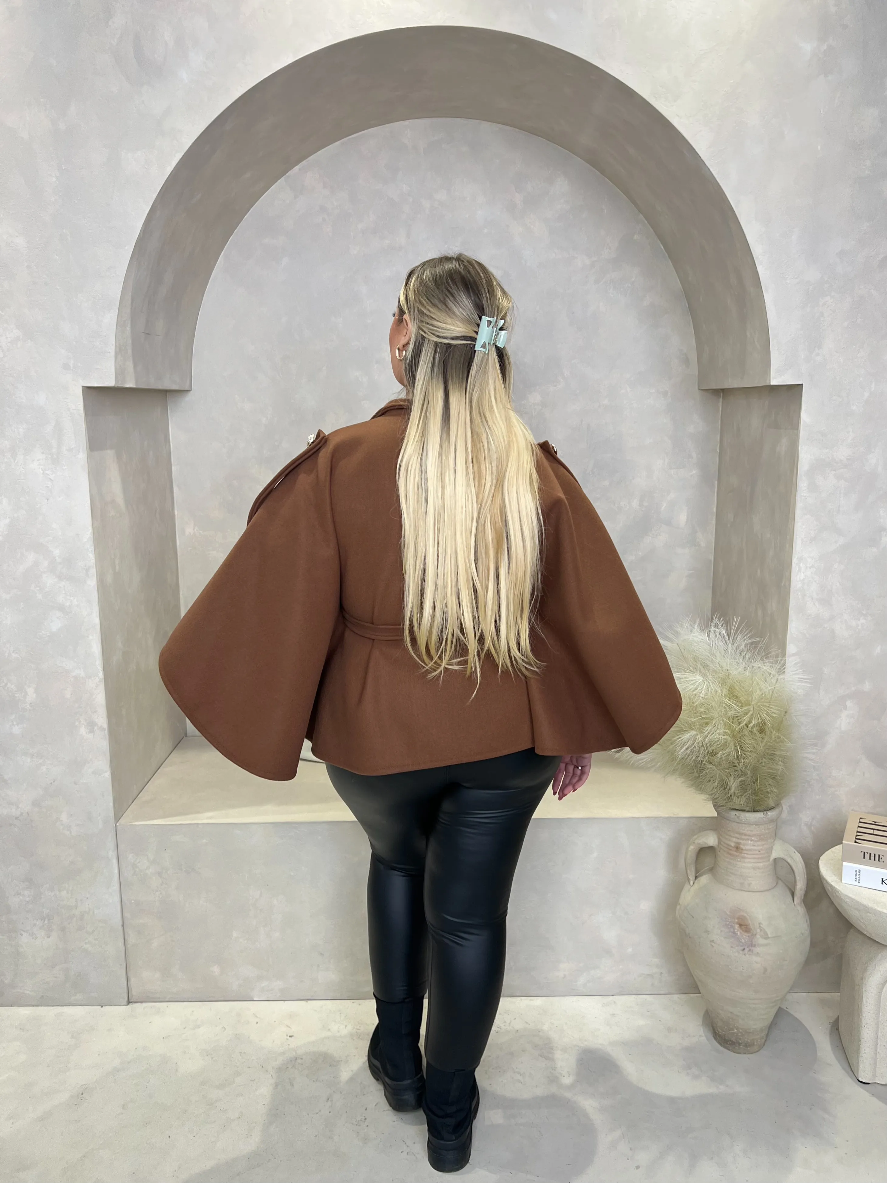 Curve Chocolate Tie Belt Shoulder Detail Cape