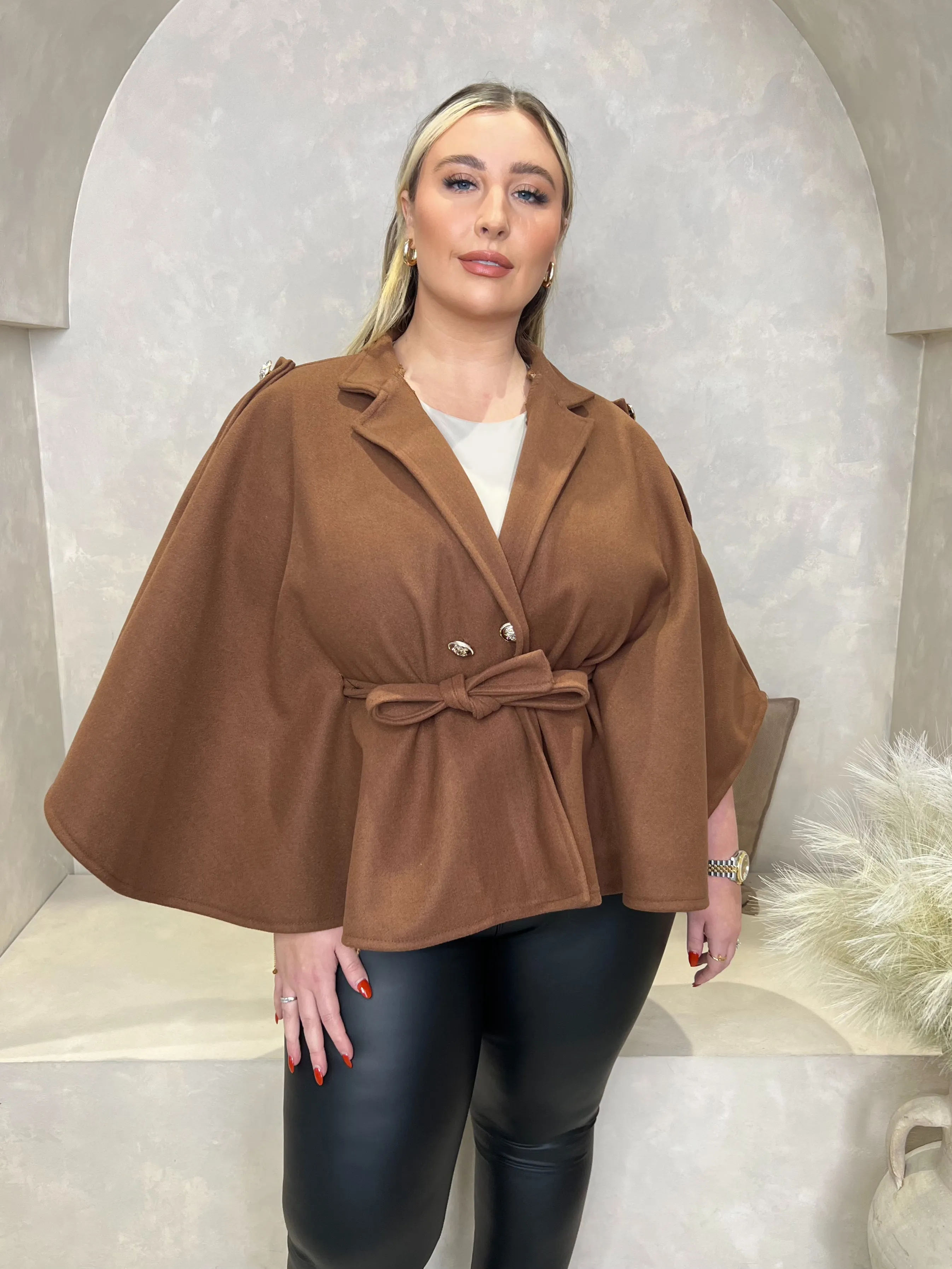 Curve Chocolate Tie Belt Shoulder Detail Cape