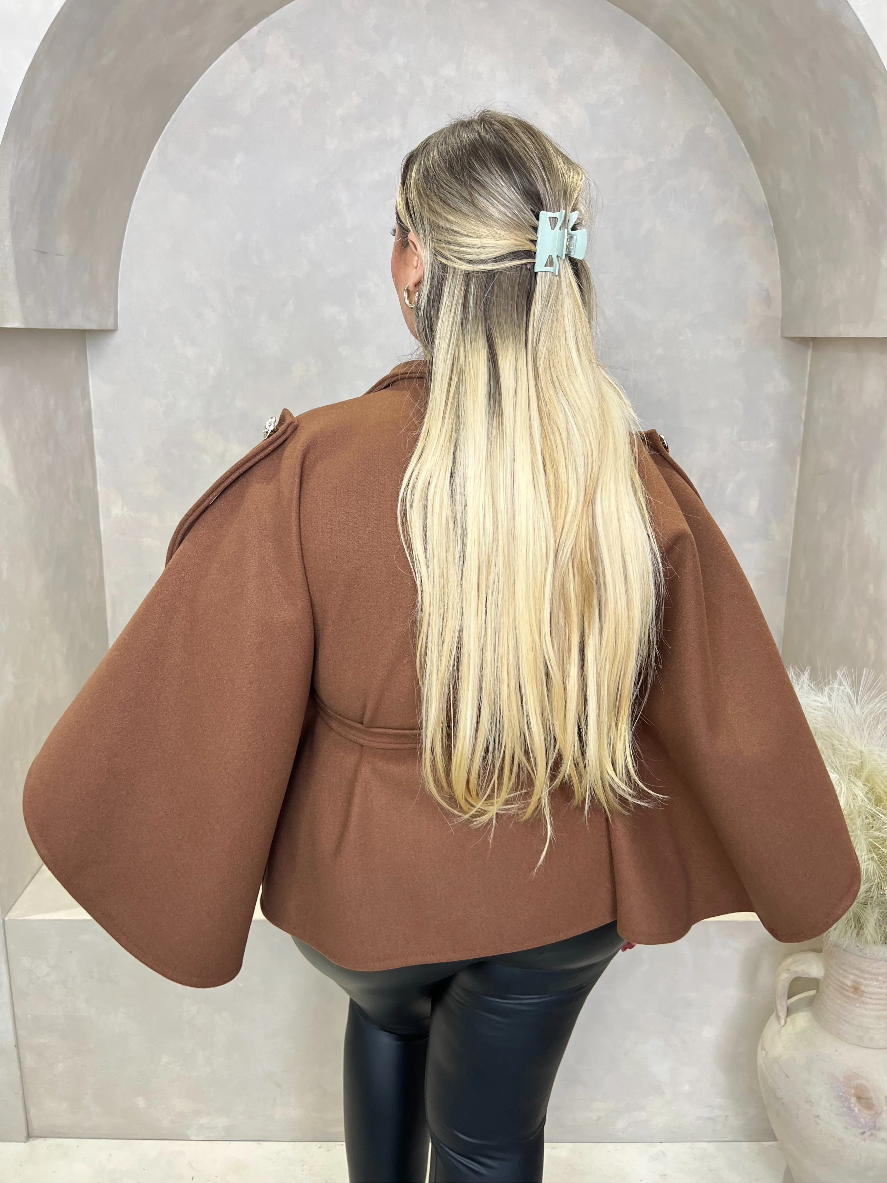 Curve Chocolate Tie Belt Shoulder Detail Cape