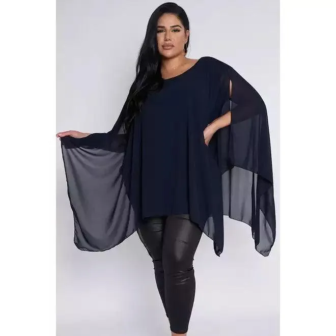 Dahlia PLUS SIZE Navy Sheer Cape Style Batwing Top