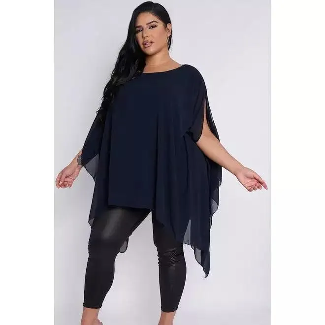 Dahlia PLUS SIZE Navy Sheer Cape Style Batwing Top