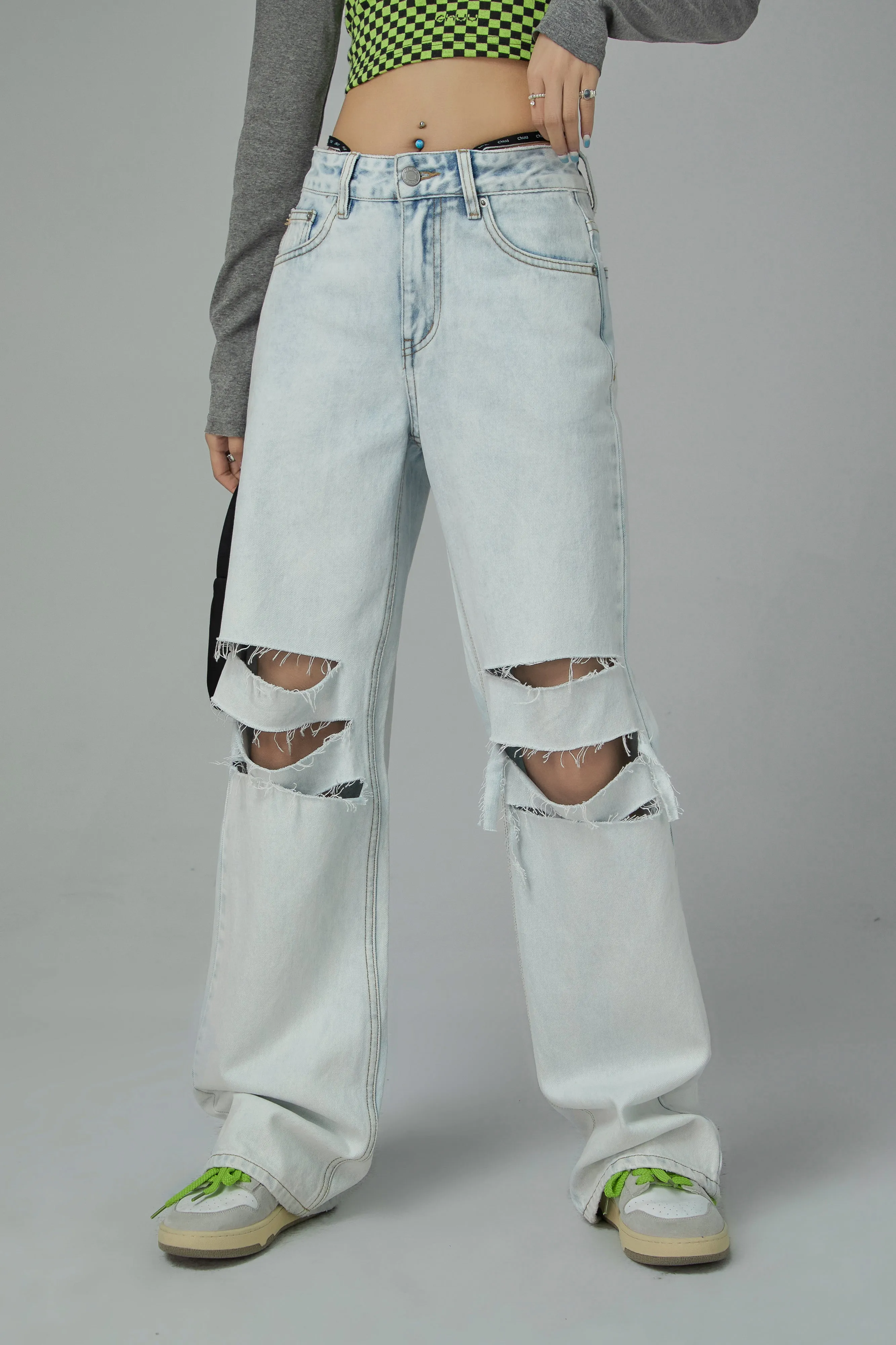 Distressed Bootcut Denim Jeans