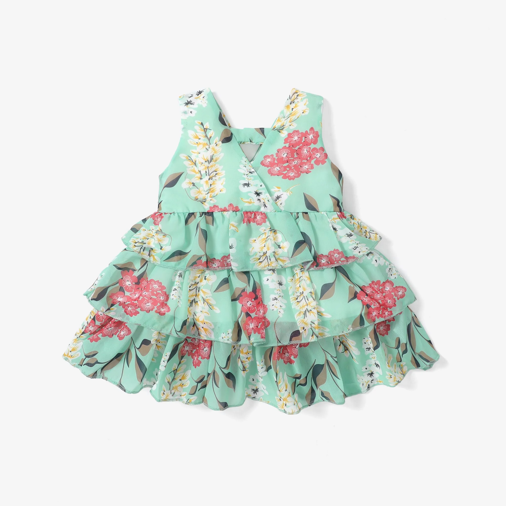 Dots or Floral Print Flounce Layered Sleeveless Baby Dress