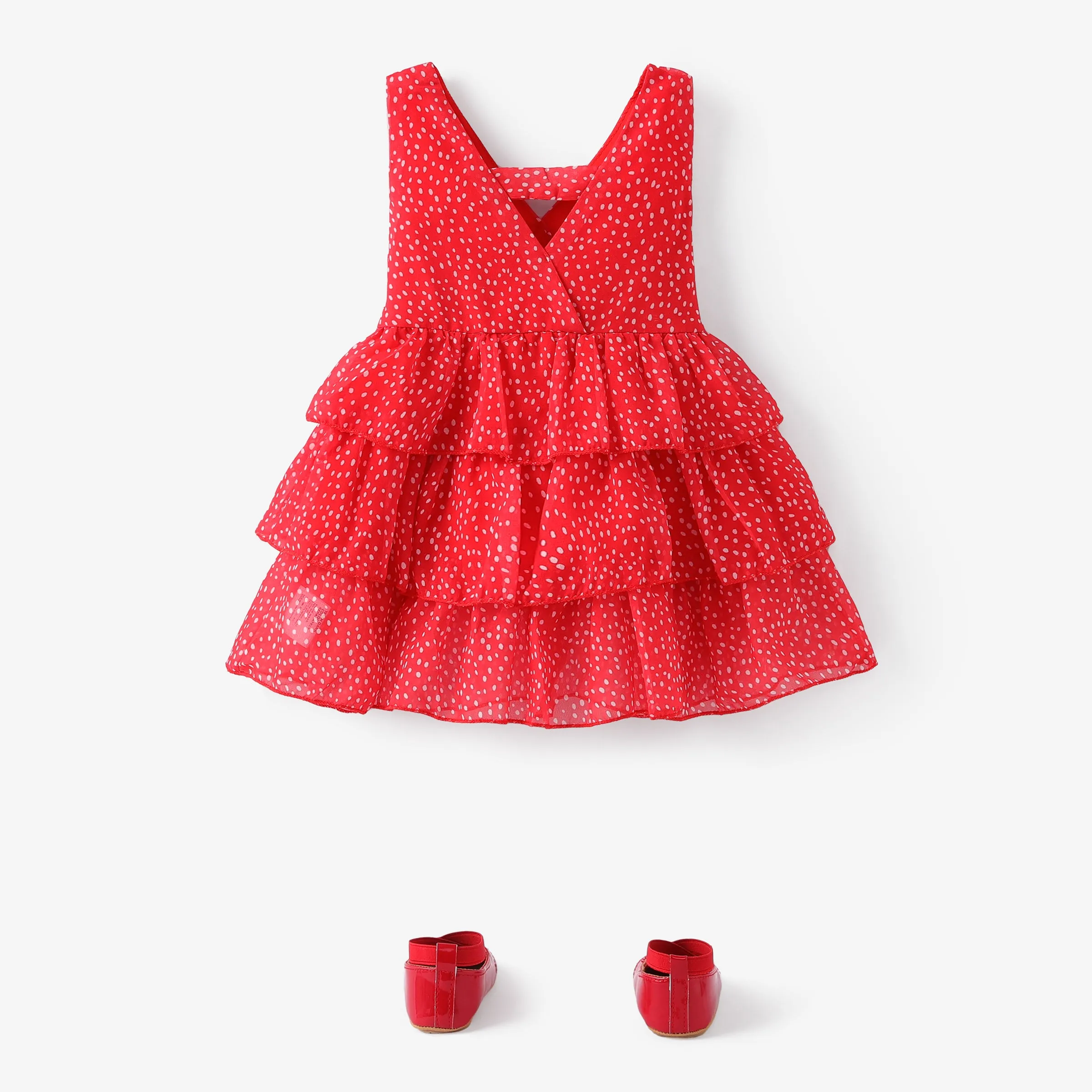 Dots or Floral Print Flounce Layered Sleeveless Baby Dress