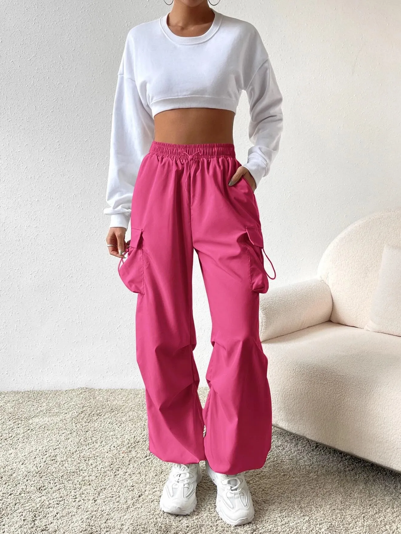 Drawstring Waist Regular Fit Casual Cargo Pants