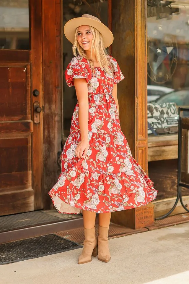 Elizabeth Midi Dress, Rust and Floral