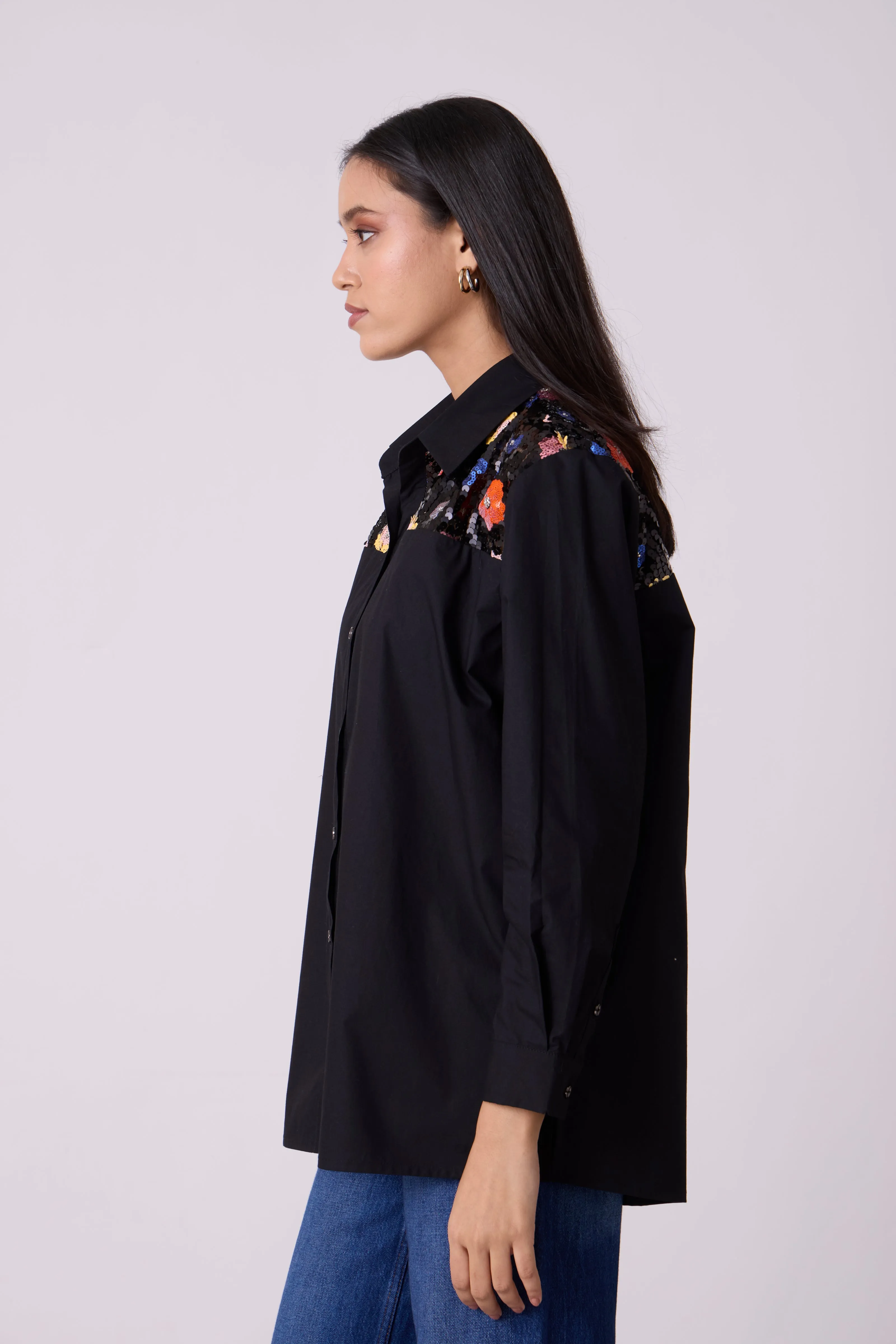 Eloise Sequence Flower Shirt - Black