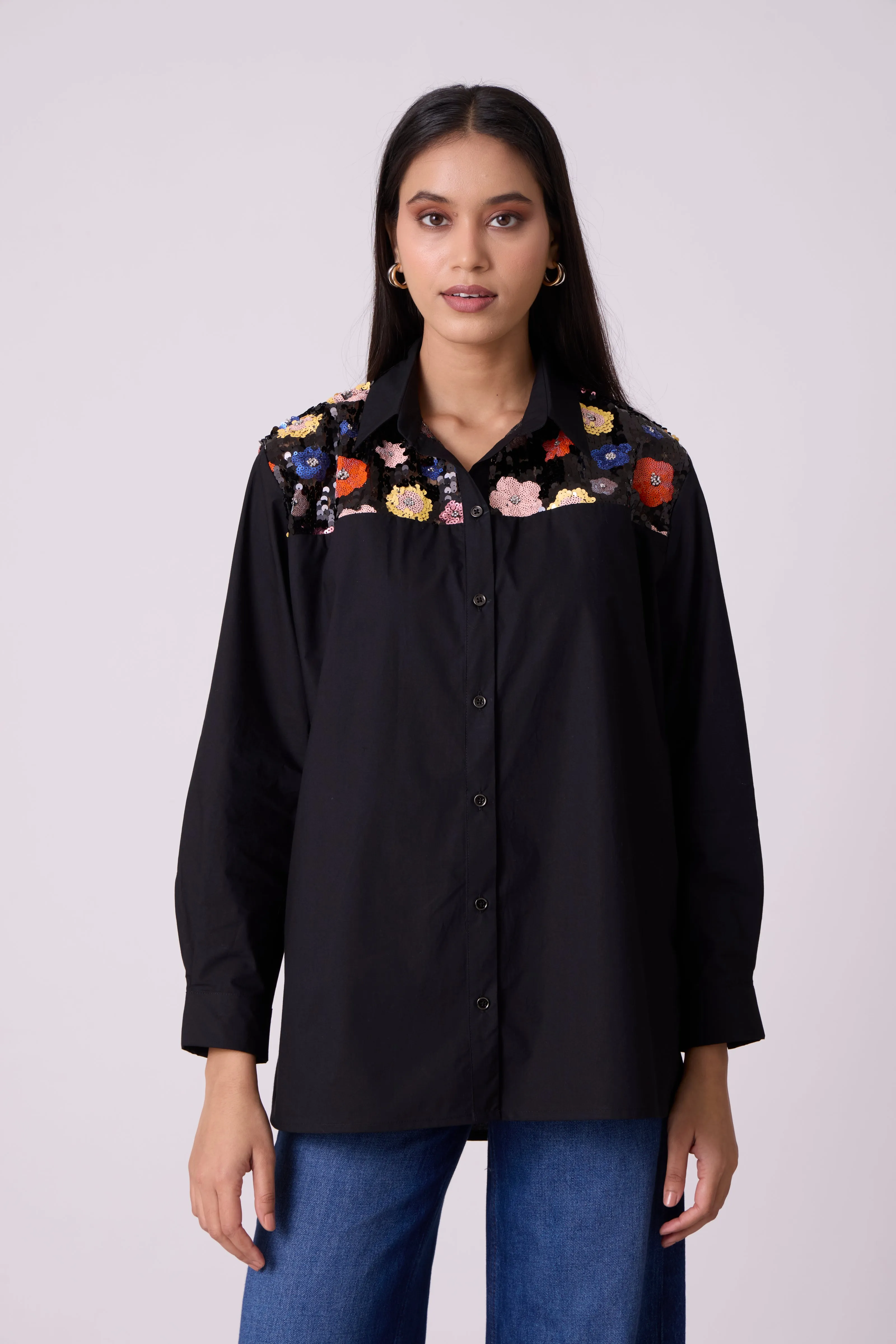 Eloise Sequence Flower Shirt - Black