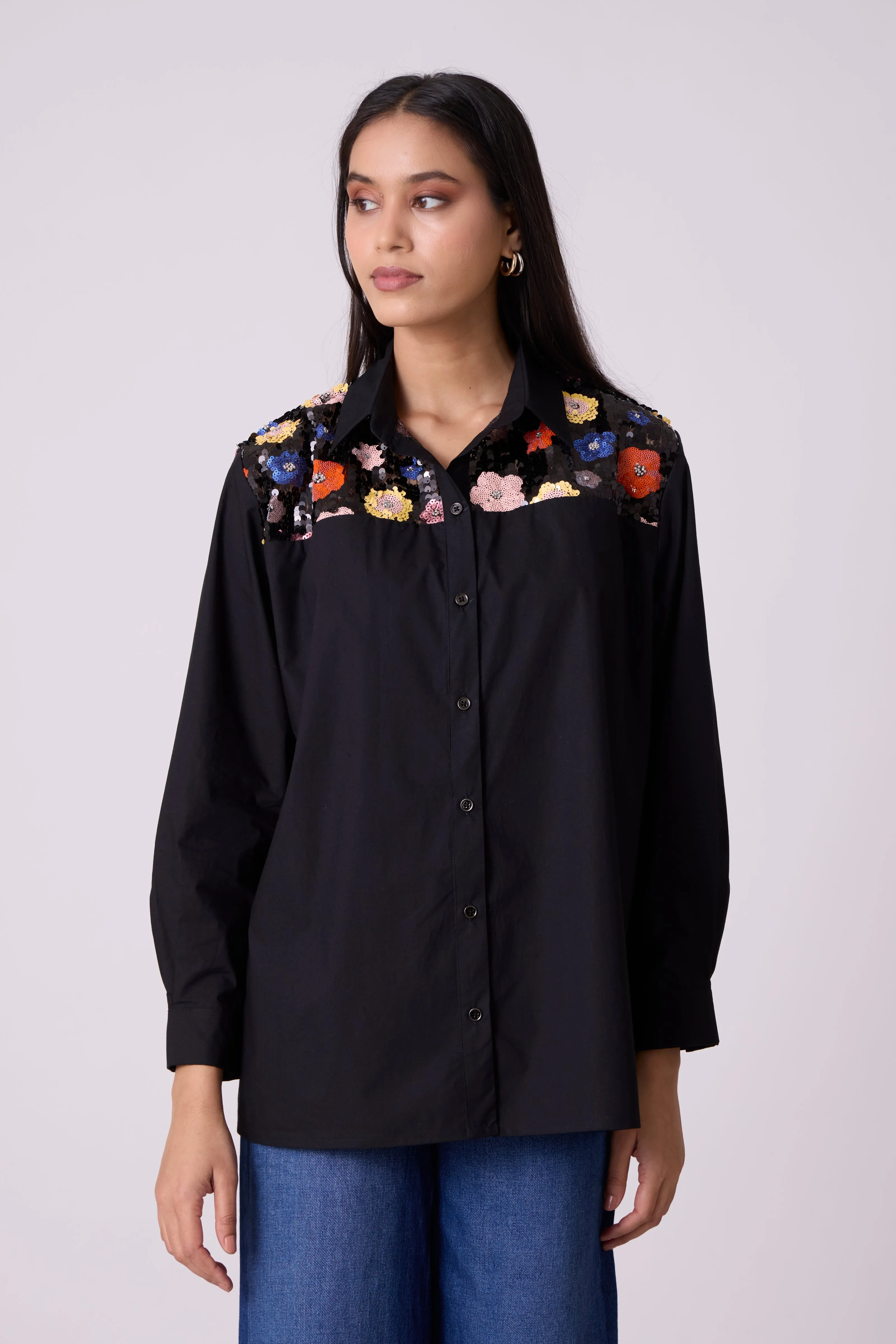 Eloise Sequence Flower Shirt - Black