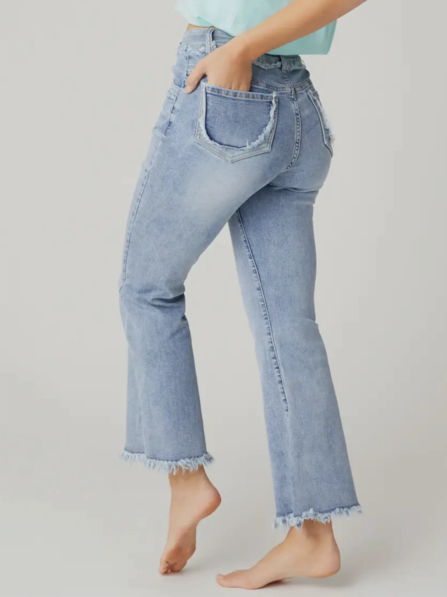 Everstretch Ankle Jeans with Fringe Detail - Light Denim