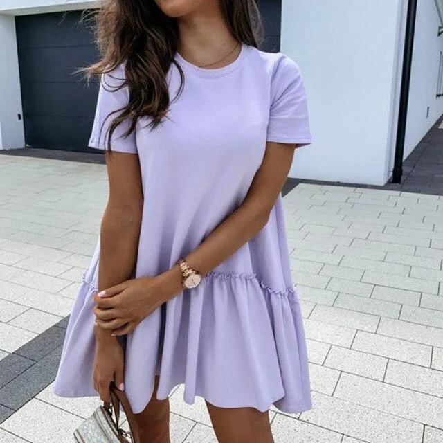 FashionSierra - Fashion Casual Solid Color Round Neck Fuffled Short Sleeve Women Dress Casual Short Sleeve Women Dress Summer Dress Women