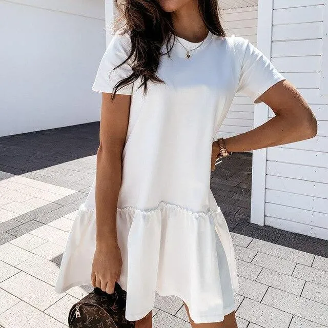 FashionSierra - Fashion Casual Solid Color Round Neck Fuffled Short Sleeve Women Dress Casual Short Sleeve Women Dress Summer Dress Women