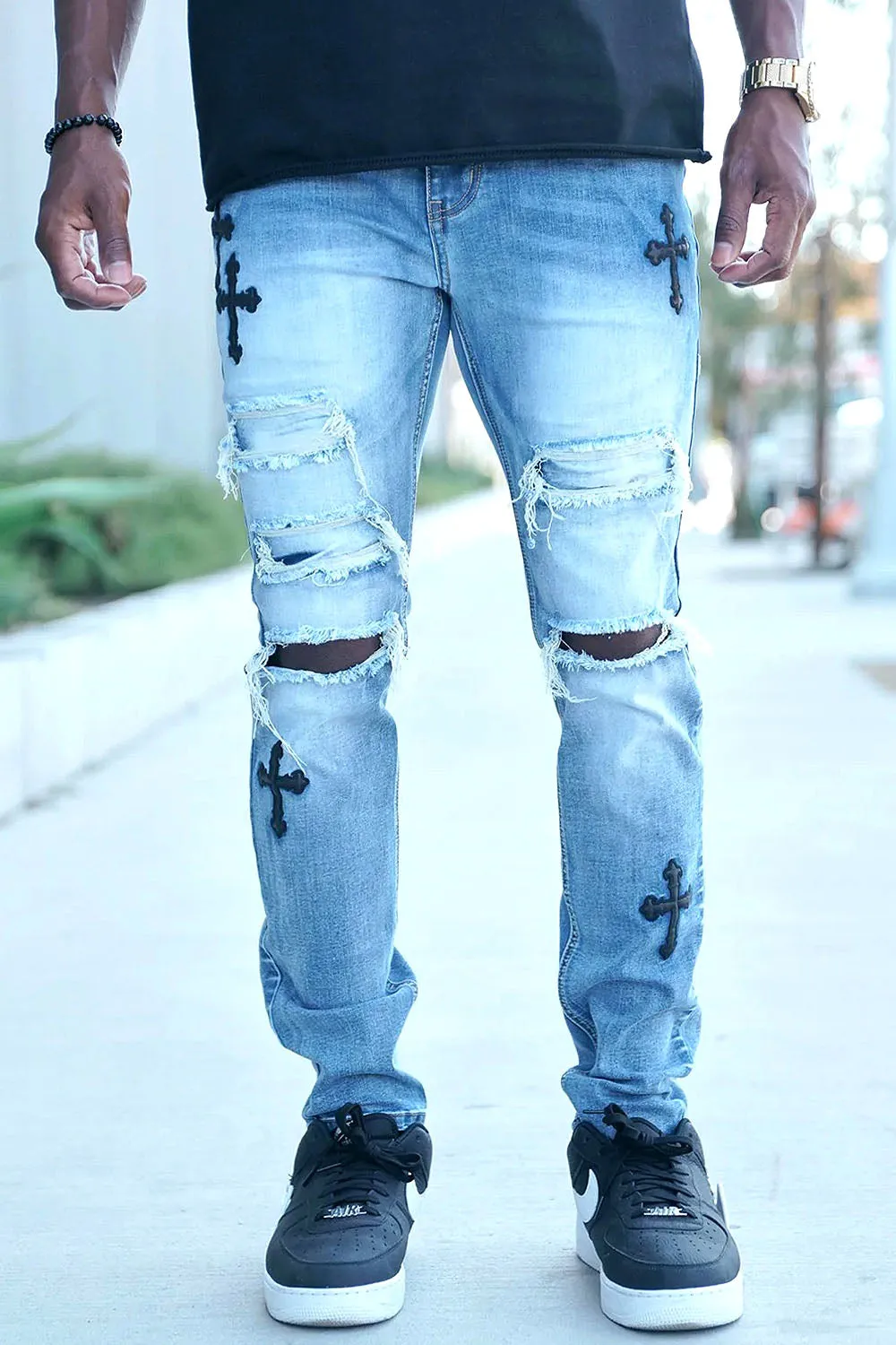 Faux leather Cross Patch Distressed Denim Jeans