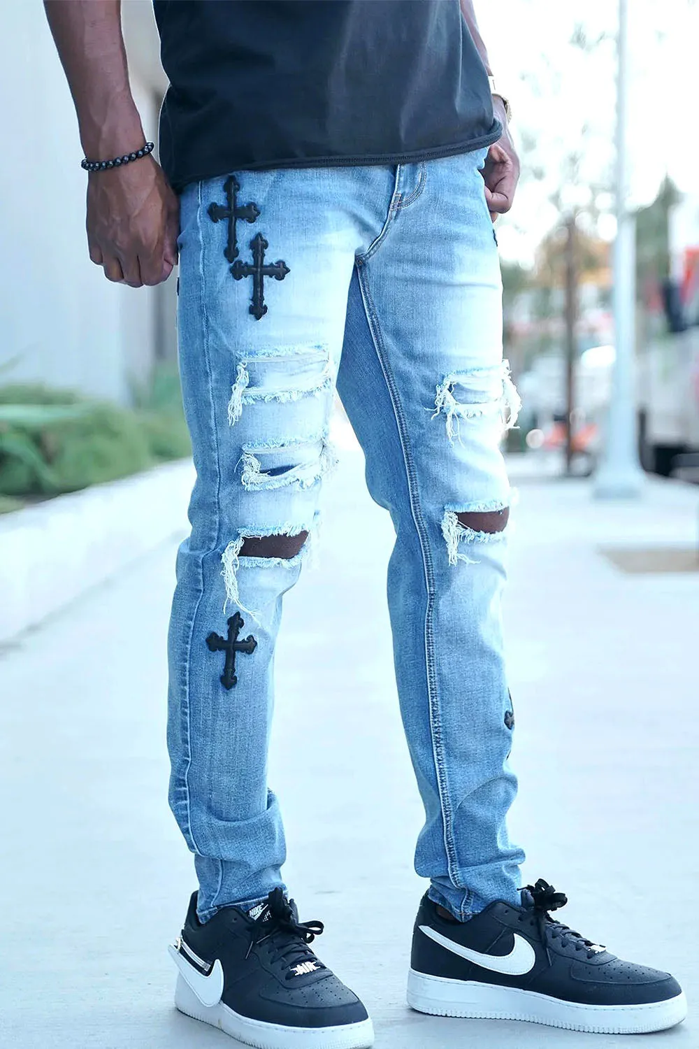 Faux leather Cross Patch Distressed Denim Jeans