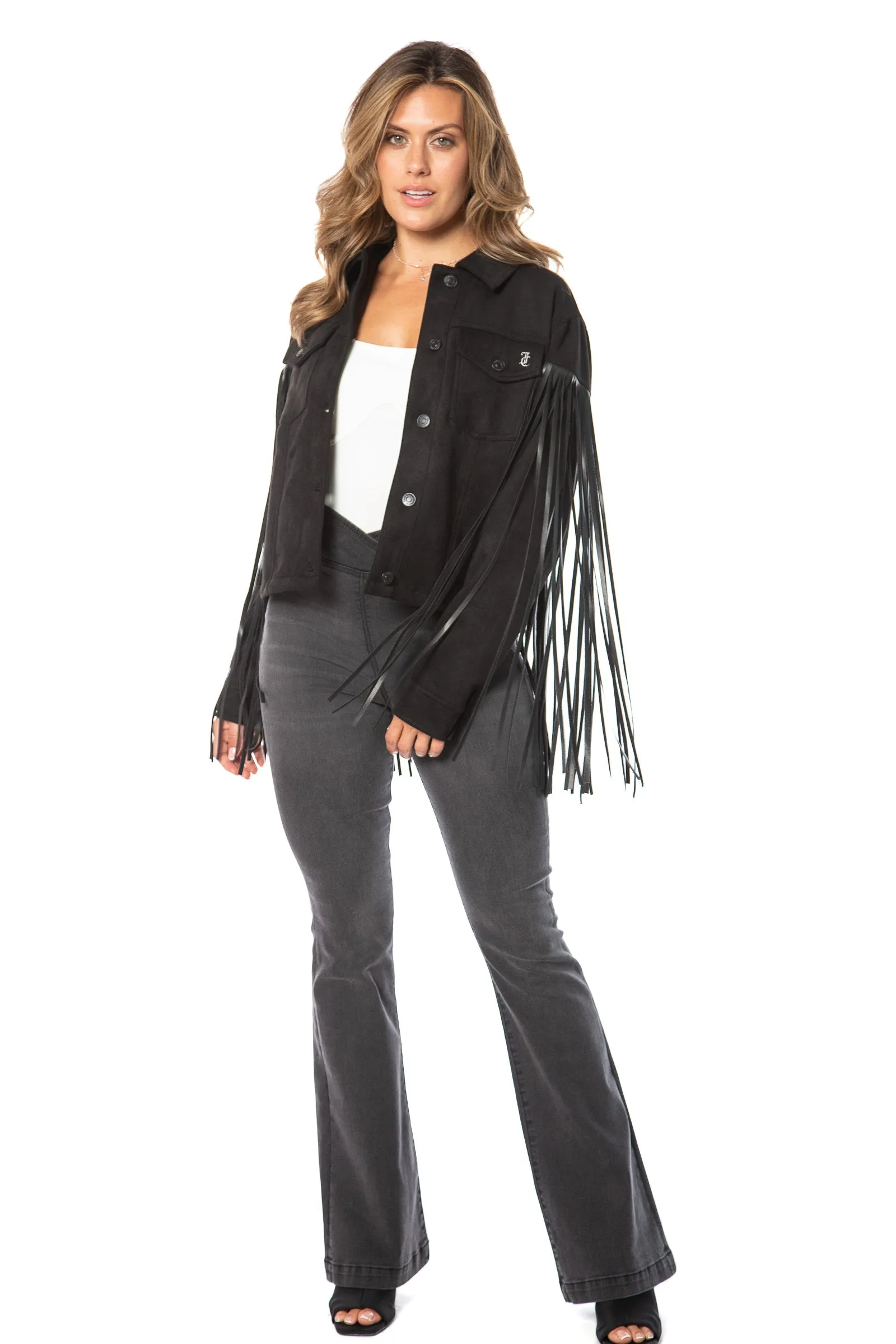 Faux Leather Fringe Trucker Jacket