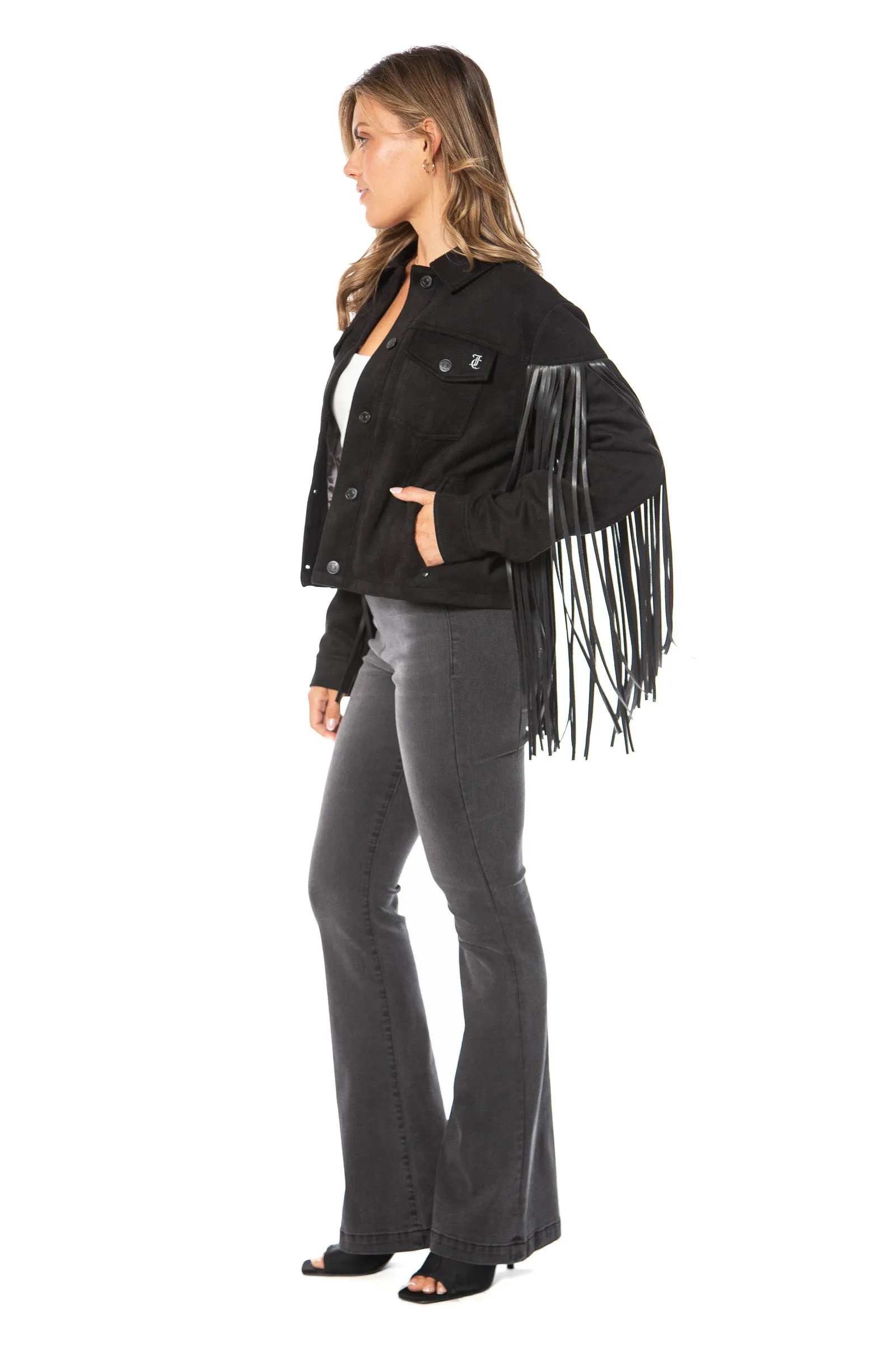 Faux Leather Fringe Trucker Jacket