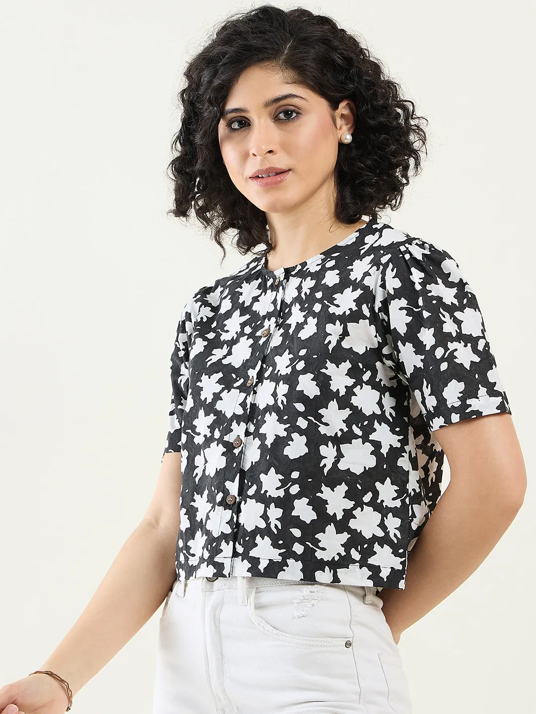 Floral Cropped Shirt for Women | Monochrome