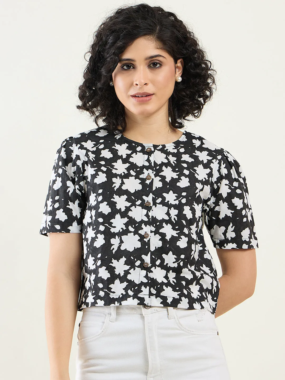 Floral Cropped Shirt for Women | Monochrome