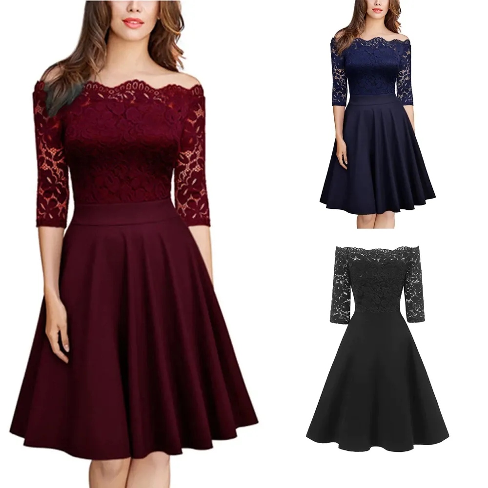 Funki Buys | Dresses | Women's Elegant Lace Chiffon Midi Dress