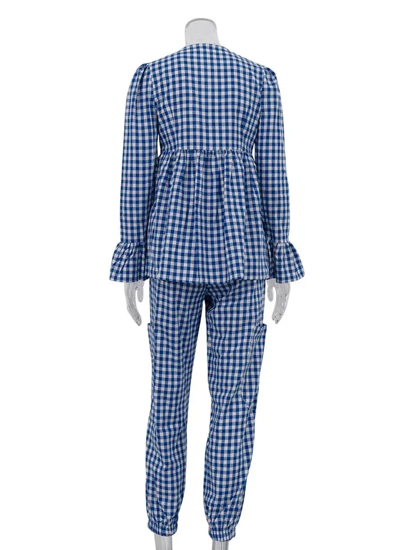 Gingham Outfit Pencil Pants & Tie-Up Shirt in Cotton Blend