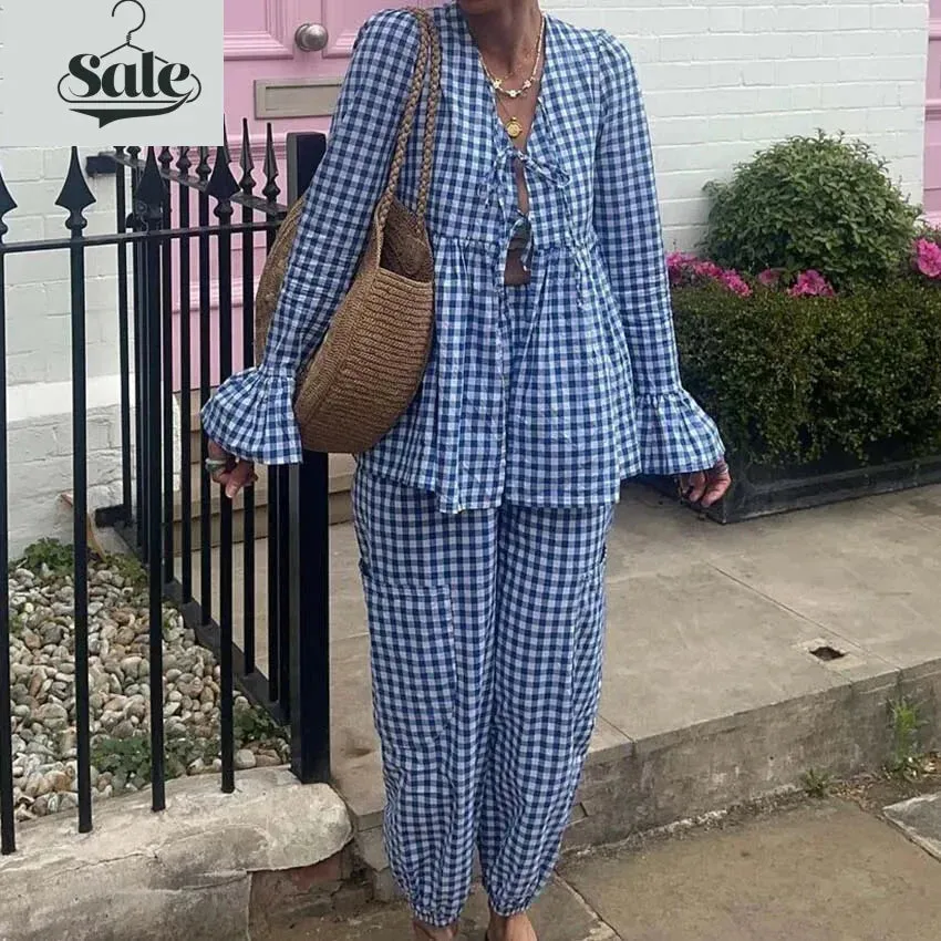 Gingham Outfit Pencil Pants & Tie-Up Shirt in Cotton Blend