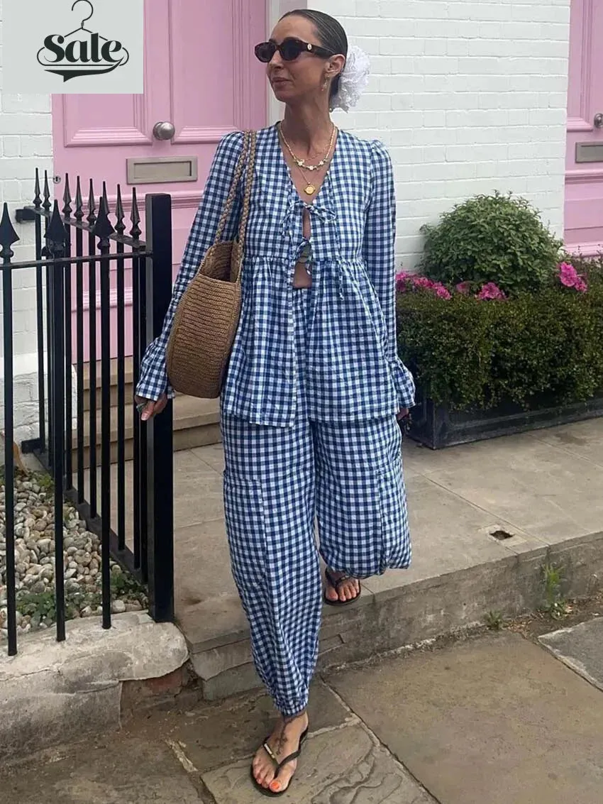 Gingham Outfit Pencil Pants & Tie-Up Shirt in Cotton Blend