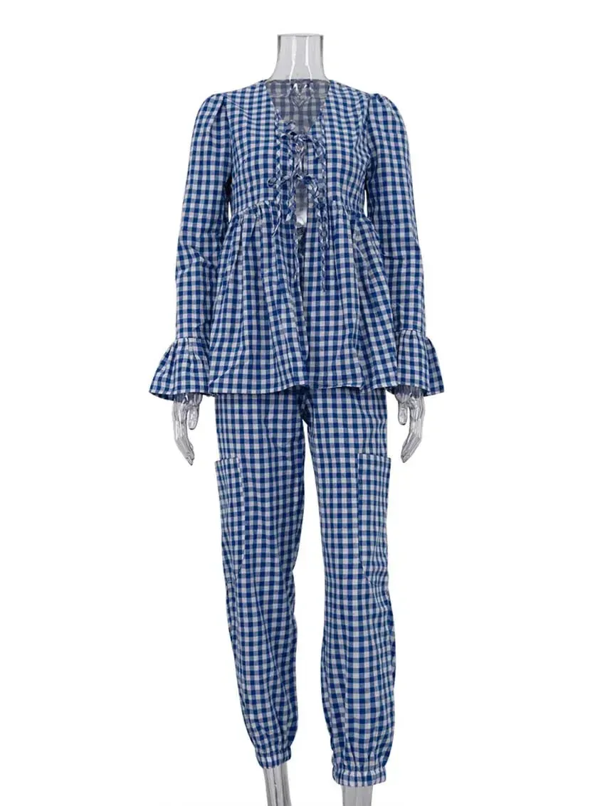 Gingham Outfit Pencil Pants & Tie-Up Shirt in Cotton Blend