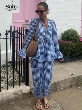 Gingham Outfit Pencil Pants & Tie-Up Shirt in Cotton Blend