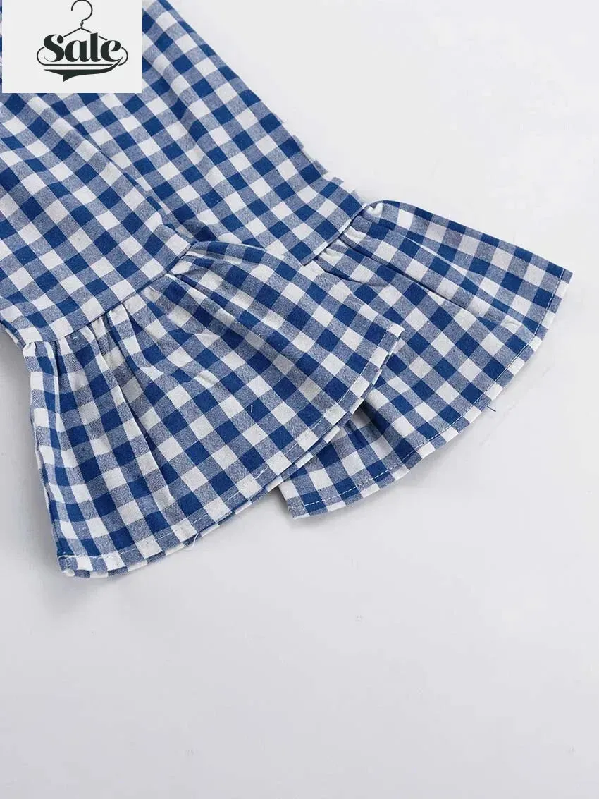 Gingham Outfit Pencil Pants & Tie-Up Shirt in Cotton Blend