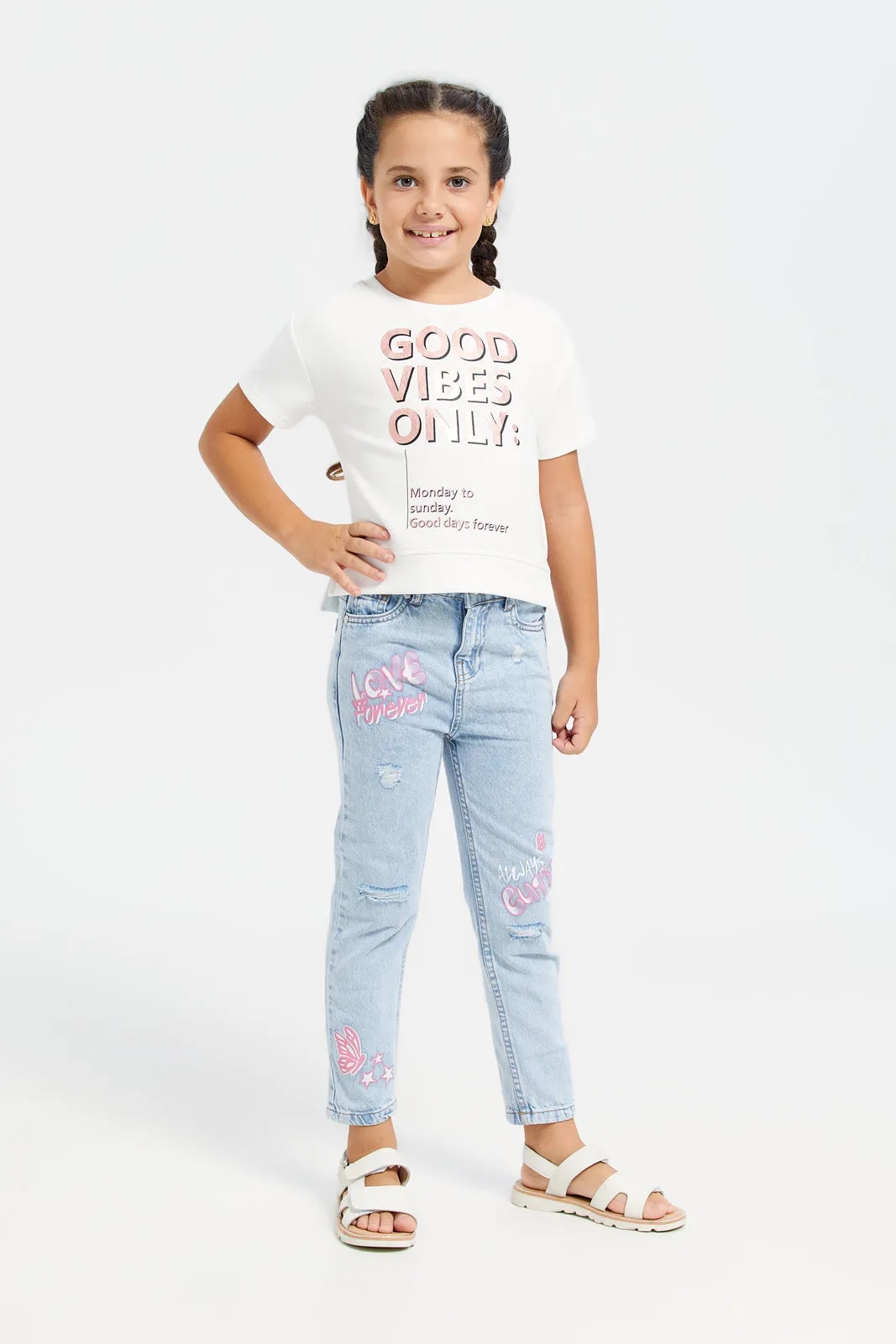 Girls Blue Printed Denim Jeans