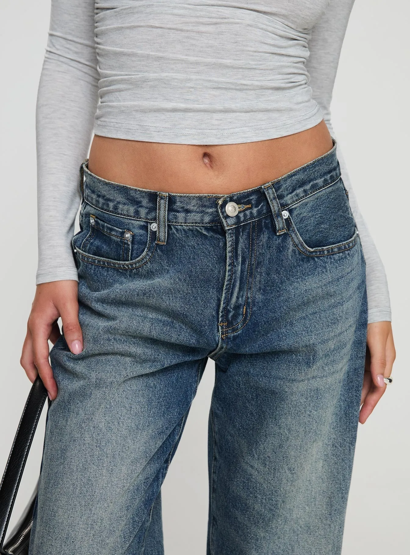 Glazed Straight Leg Denim Jeans Mid Blue