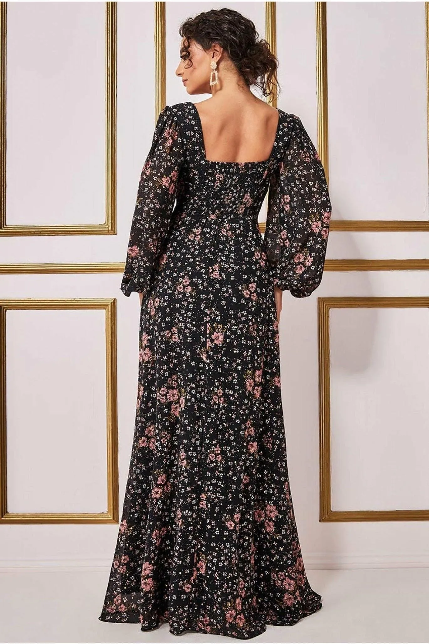 Goddiva Floral Print Shirred Back Maxi Dress - Floral Print