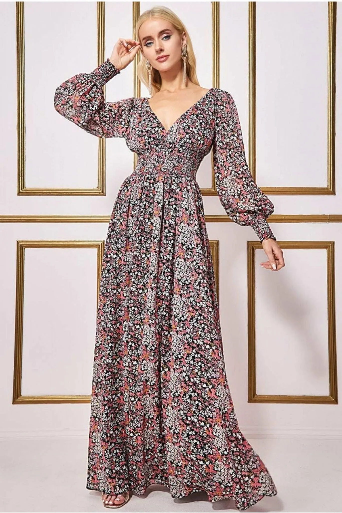 Goddiva Long Sleeve Maxi Shirred Waistband - Floral Print