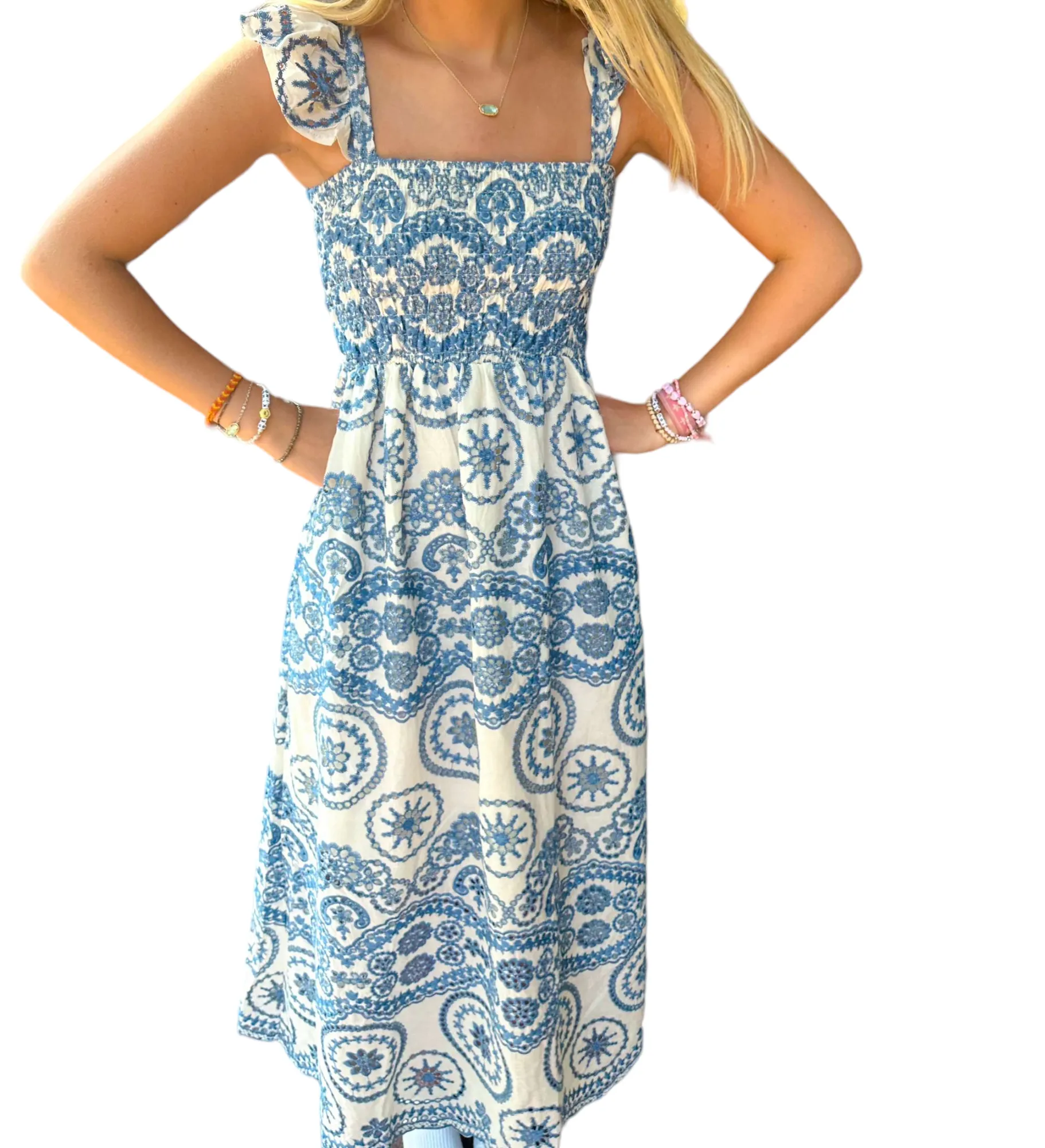 Gracie's Whimsical Elegance: Backless Blue Embroidered Maxi Dress