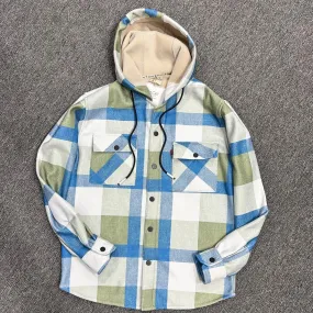 Green Hoodie with Blue & White Checked Fabric Sherpa Bonding Shacket